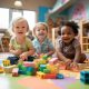 A group of children playing together and building with wooden blocks