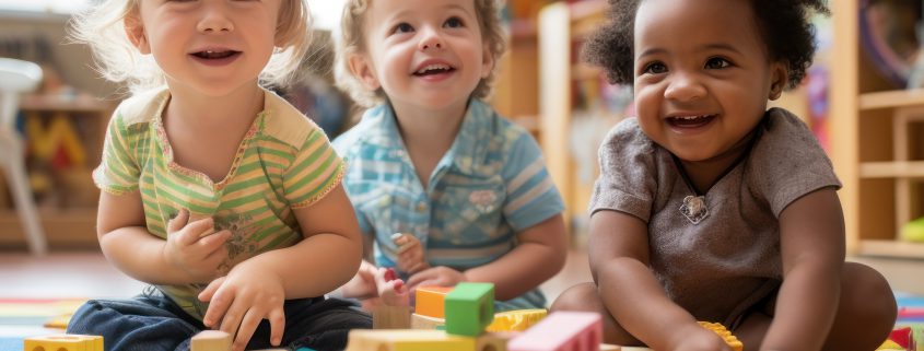 A group of children playing together and building with wooden blocks
