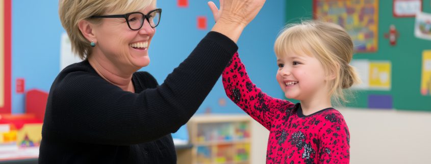 A teacher shares a joyful moment with a young student in a vibrant classroom during a light-hearted learning activity