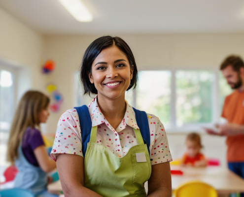 Baby sitter. Child care worker. A woman in child care.